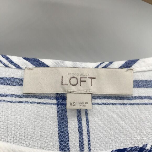 LOFT Top Womens XS Blue White Plaid Peplum Roll Tab Long Sleeve Round Neck - Picture 7 of 11